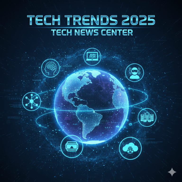 صورة رقمية مستقبلية تُظهر أبرز توجهات التقنية في عام 2025، مثل الذكاء الاصطناعي، وإنترنت الأشياء، والواقع الافتراضي، والحوسبة السحابية، بخلفية زرقاء متوهجة، ويوجد على الصورة شعار المركز التقني الإخباري.