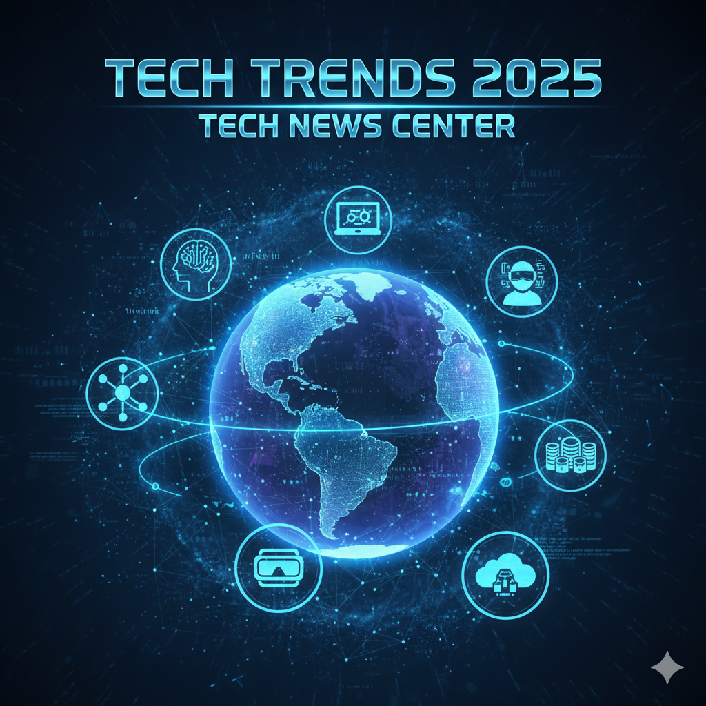 صورة رقمية مستقبلية تُظهر أبرز توجهات التقنية في عام 2025، مثل الذكاء الاصطناعي، وإنترنت الأشياء، والواقع الافتراضي، والحوسبة السحابية، بخلفية زرقاء متوهجة، ويوجد على الصورة شعار المركز التقني الإخباري.