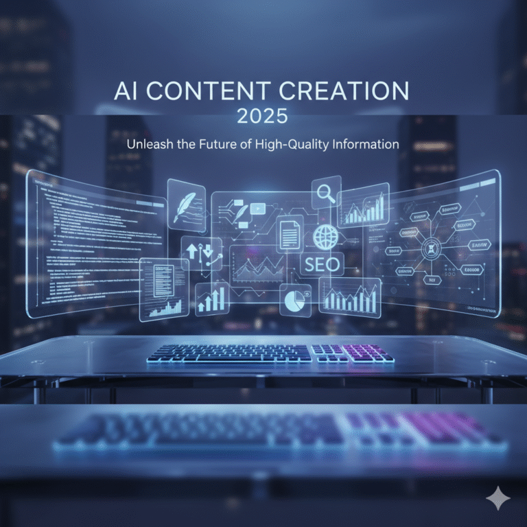 أفضل أدوات الذكاء الاصطناعي لإنشاء محتوى جاهز للتصدر في 2025 مع واجهة عمل رقمية مستقبلية توضح دور AI في تحسين السيو وصناعة المحتوى.