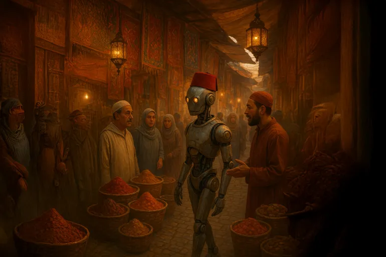 مشهد يجمع بين الطابع المغربي التقليدي والابتكار التكنولوجي في الأسواق المغربية.